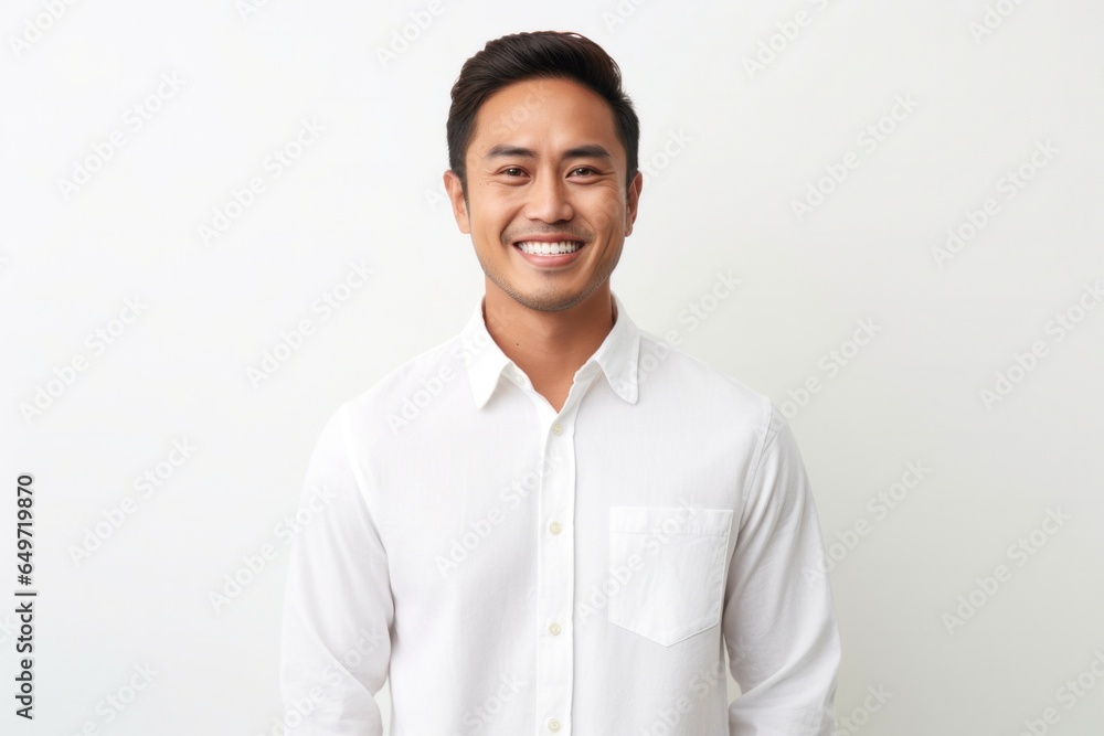 Wall mural Portrait of a Filipino man in his 30s wearing a chic cardigan against a white background