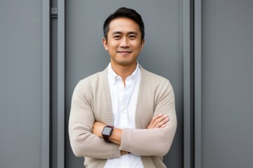 Portrait of a Filipino man in his 30s wearing a chic cardigan against a white background