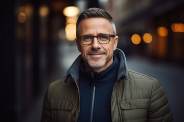 Fototapeta premium portrait of a confident Polish man in his 40s wearing a chic cardigan against an abstract background