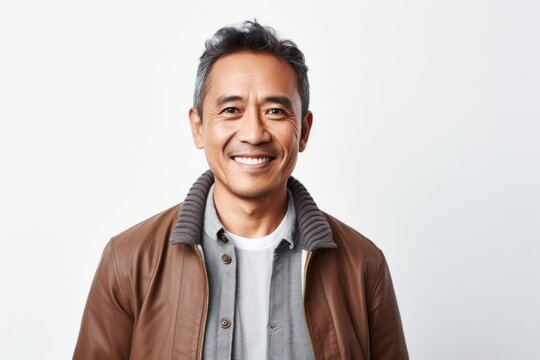 Portrait of a Filipino man in his 40s wearing a chic cardigan against a white background