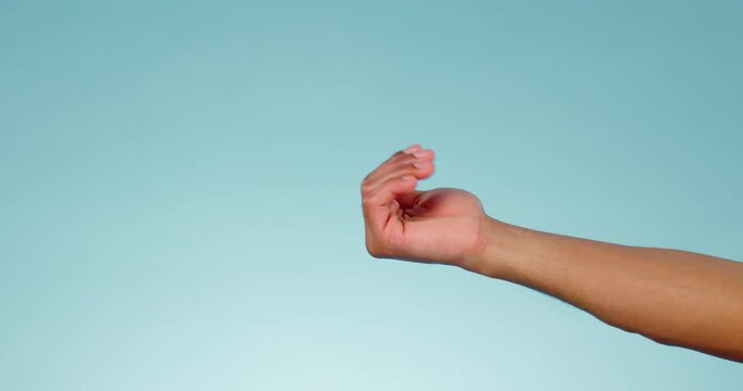 Hand, invite come and gesture for friendly or calling. Studio, arm and fingers of a person for welcome, invitation or expression on a mockup backdrop for showing, movement or moving with space