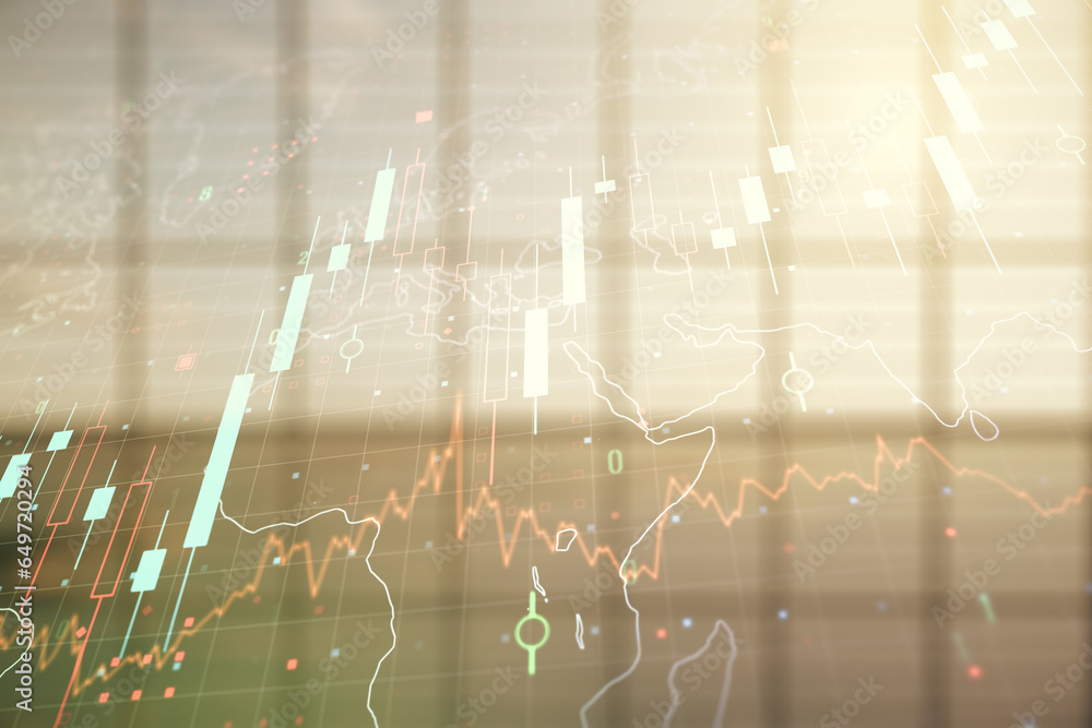 Poster multi exposure of virtual abstract financial chart hologram and world map on empty modern office bac