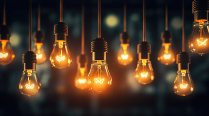 A group of Multiple retro-style light bulbs in a dark room, casting a nostalgic glow. They create a captivating vintage ambiance. Idea concept. Teamwork