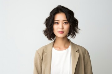 portrait of a serious, Japanese woman in her 30s wearing a chic cardigan against a white background