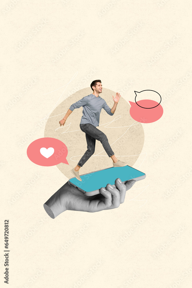 Aufkleber Vertical collage of running positive blogging using guy smartphone touchscreen advertise app for communication isolated on beige background