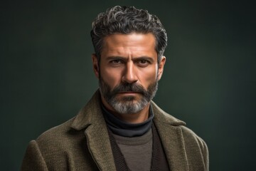 Fototapeta premium portrait of a serious, Mexican man in his 40s wearing a chic cardigan against an abstract background