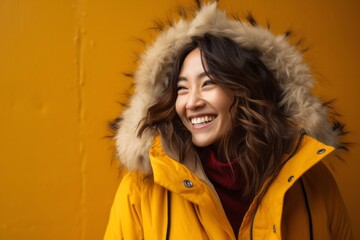 Portrait of a Japanese woman in her 30s wearing a warm parka against an abstract background - obrazy, fototapety, plakaty