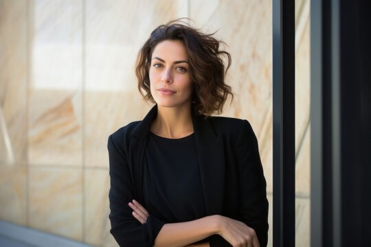portrait of a Israeli woman in her 30s wearing a chic cardigan against a modern architectural background