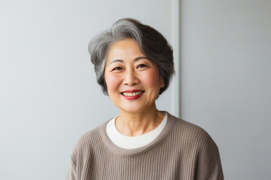 Portrait Of A Japanese Woman In Her 50s Wearing A Chic Cardigan Against A Minimalist Or Empty Room Background