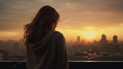 A woman on a rooftop, enjoying the view of the cityscape.