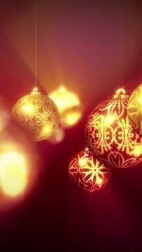 Christmas Background Loop, flying through baubles. Red, gold glittering balls. Vertical video.