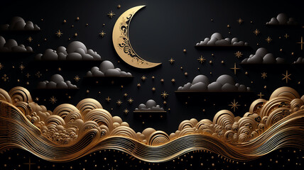 crescent moon fairy tale arab night stars clouds black background. - obrazy, fototapety, plakaty