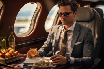  Handsome businessman wearing elegant suit flying on exclusive private jet - Successful entrepreneur sitting in exclusive business class on airplane - obrazy, fototapety, plakaty