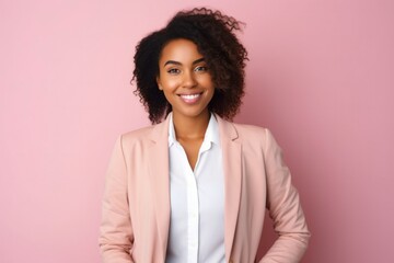 medium shot portrait of a confident Kenyan woman in her 20s wearing a classic blazer against a pastel or soft colors background - obrazy, fototapety, plakaty