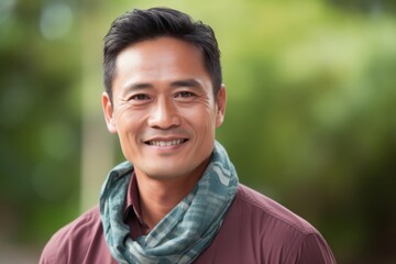 Portrait of a confident Filipino man in his 40s wearing a foulard against an abstract background