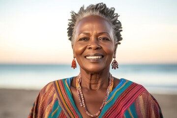 medium shot portrait of a confident Kenyan woman in her 60s wearing a simple tunic against a beach background