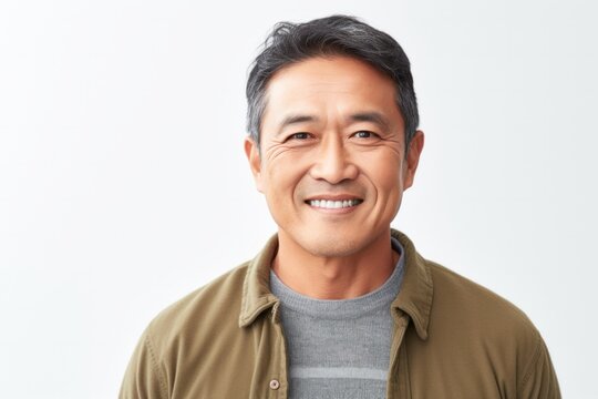 Portrait of a confident Filipino man in his 50s wearing a chic cardigan against a white background