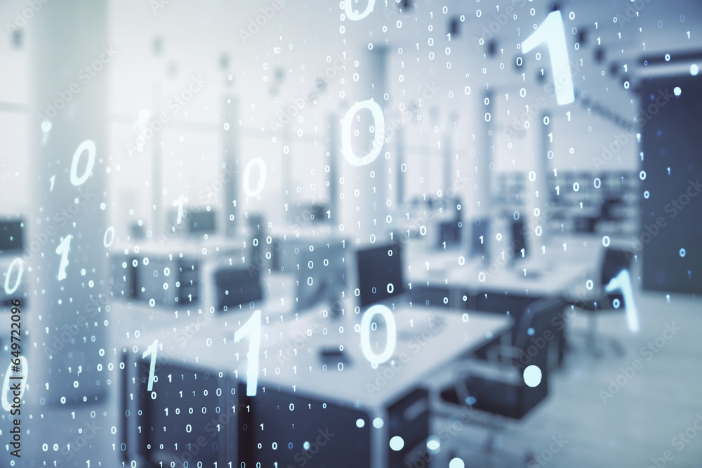 Fototapete double exposure of abstract virtual binary code hologram on modern corporate office background. data