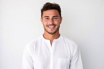 medium shot portrait of a confident Mexican man in his 20s wearing a simple tunic against a white background