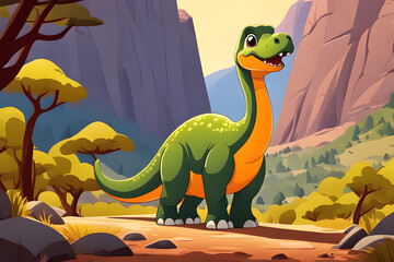 Obraz na płótnie Canvas Green dinosaur with orange belly in desert landscape