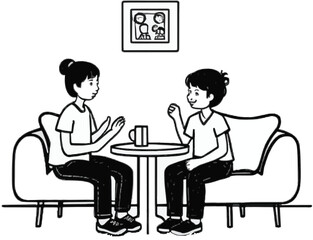 drinking and talking two kids at home story illustration.