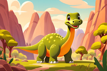 Green dinosaur with orange belly in desert landscape
