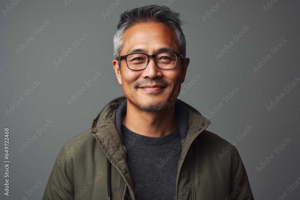 Canvas Prints Portrait of a confident Japanese man in his 40s wearing a chic cardigan against a minimalist or empty room background