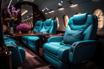Luxury interior in the modern business jet and sunlight in the porthole