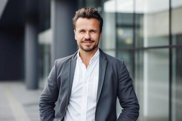 medium shot portrait of a confident Polish man in his 30s wearing a chic cardigan against a modern architectural background