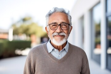 Portrait of a confident Mexican man in his 70s wearing a chic cardigan against a white background