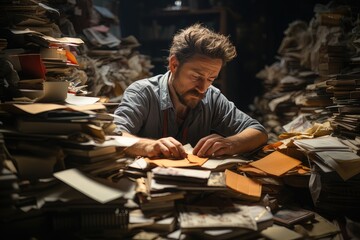 someone is tired of working and falls asleep on a pile of books, this man shows a tired expression - obrazy, fototapety, plakaty