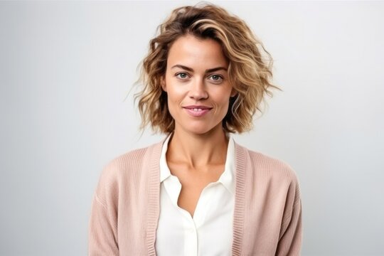 medium shot portrait of a confident Polish woman in her 30s wearing a chic cardigan against a white background