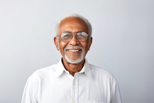 Portrait of a confident Mexican man in his 90s wearing a simple tunic against a minimalist or empty room background