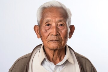 medium shot portrait of a serious, 100-year-old elderly Filipino man wearing a chic cardigan against a white background
