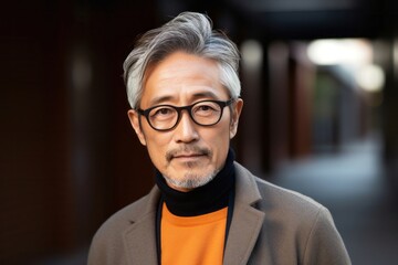 Obraz premium medium shot portrait of a serious, Japanese man in his 50s wearing a chic cardigan against an abstract background
