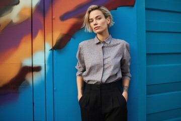 Portrait of a serious, Polish woman in her 30s wearing a smart pair of trousers against an abstract background
