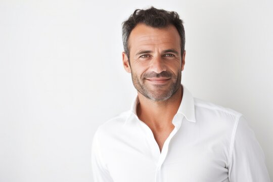 Portrait of a Israeli man in his 40s wearing a chic cardigan against a white background