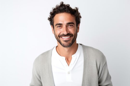 Portrait of a Israeli man in his 30s wearing a chic cardigan against a white background