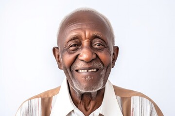 medium shot portrait of a happy 100-year-old elderly Kenyan man wearing a chic cardigan against a white background