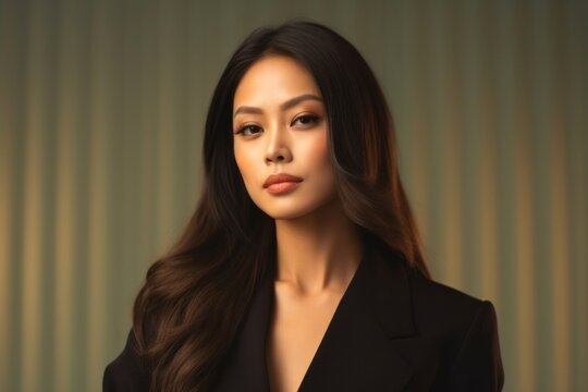 medium shot portrait of a Filipino woman in her 30s wearing a classic blazer against an abstract background