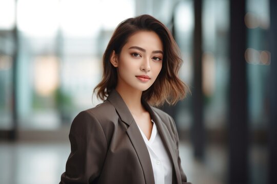 medium shot portrait of a Filipino woman in her 20s wearing a classic blazer against a modern architectural background