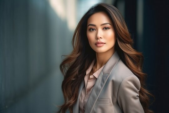 medium shot portrait of a Filipino woman in her 30s wearing a classic blazer against an abstract background