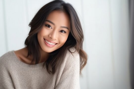 medium shot portrait of a Filipino woman in her 30s wearing a cozy sweater against an abstract background