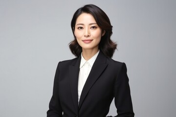 medium shot portrait of a Japanese woman in her 40s wearing a sleek suit against a white background