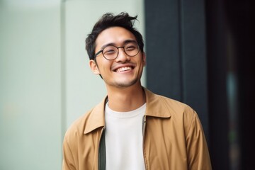 Obraz premium medium shot portrait of a happy Japanese man in his 20s wearing a chic cardigan against an abstract background