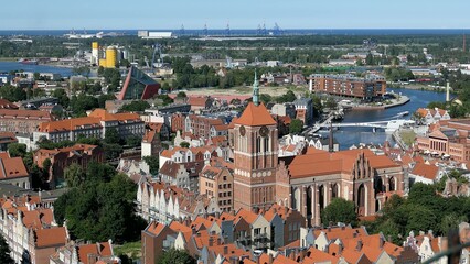 Naklejka na ściany i meble Gdansk Old Town Houses Churches Skyline Aerial, Poland