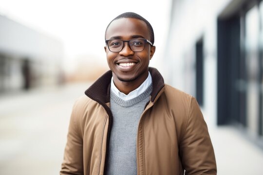 medium shot portrait of a Kenyan man in his 30s wearing a chic cardigan against a white background