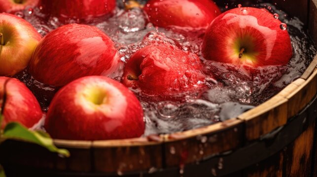 Tub or barrel filled with water and apples for Halloween custom of Apple Bobbing