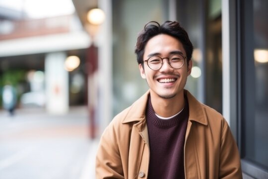 medium shot portrait of a happy Japanese man in his 20s wearing a chic cardigan against an abstract background