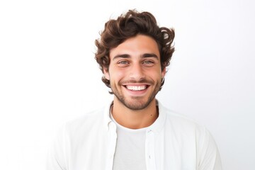 Obraz premium portrait of a happy Israeli man in his 20s wearing a chic cardigan against a white background